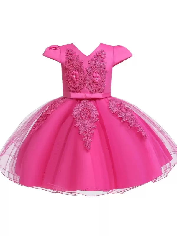 V Neck Short Sleeves Flower Girl Dresses A-line Flowers Kids Party Dresses