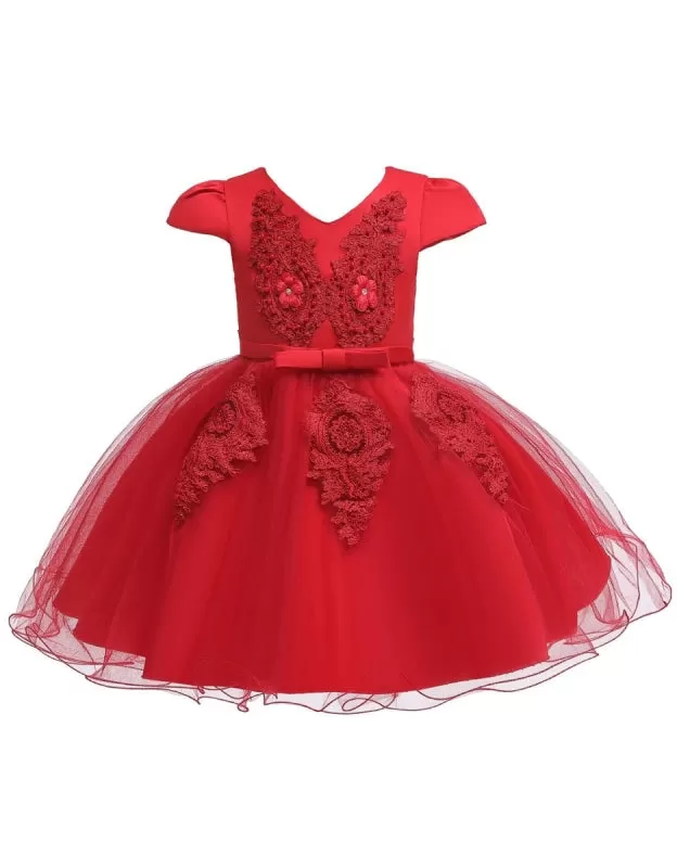 V Neck Short Sleeves Flower Girl Dresses A-line Flowers Kids Party Dresses