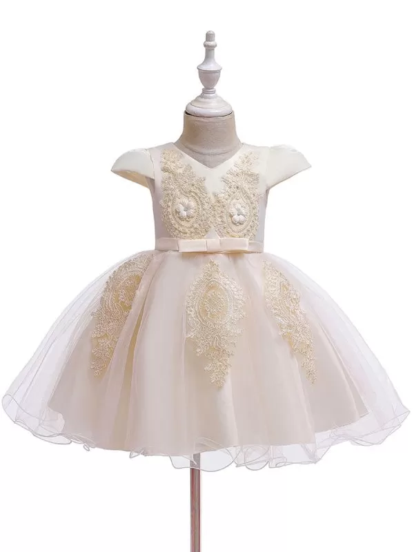 V Neck Short Sleeves Flower Girl Dresses A-line Flowers Kids Party Dresses