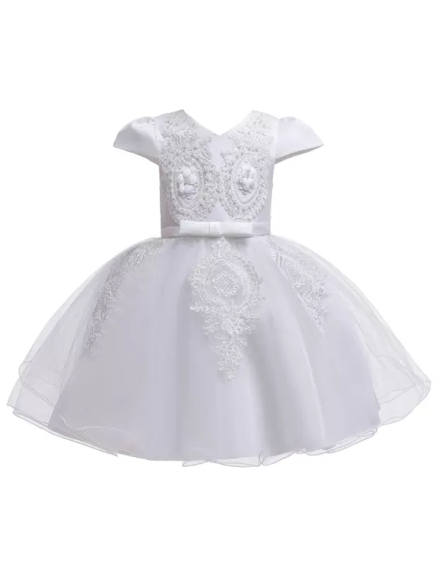 V Neck Short Sleeves Flower Girl Dresses A-line Flowers Kids Party Dresses