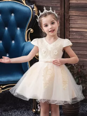 V Neck Short Sleeves Flower Girl Dresses A-line Flowers Kids Party Dresses