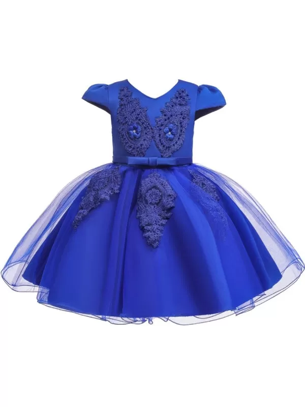 V Neck Short Sleeves Flower Girl Dresses A-line Flowers Kids Party Dresses