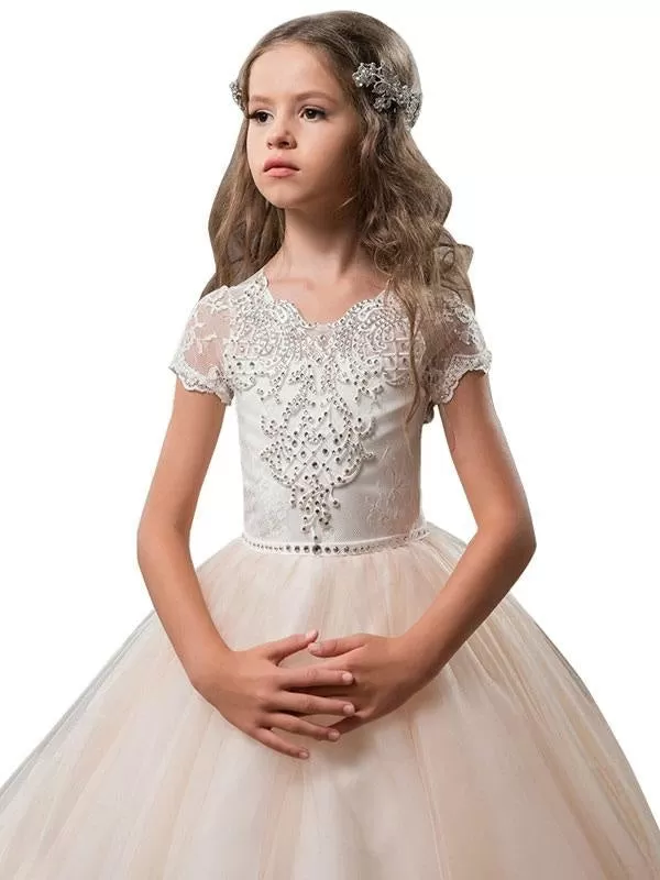 V-Neck Tulle Short Sleeves Flower Girl Dresses Ankle Length Ball Gown Kids Pageant Dresses