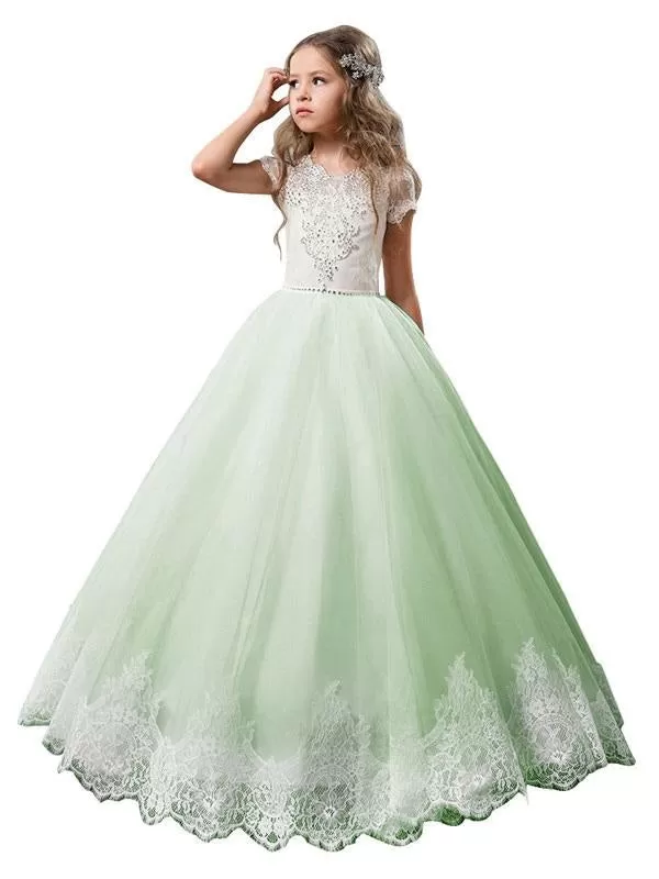 V-Neck Tulle Short Sleeves Flower Girl Dresses Ankle Length Ball Gown Kids Pageant Dresses