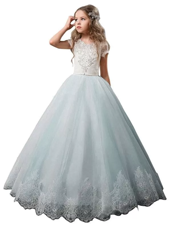 V-Neck Tulle Short Sleeves Flower Girl Dresses Ankle Length Ball Gown Kids Pageant Dresses