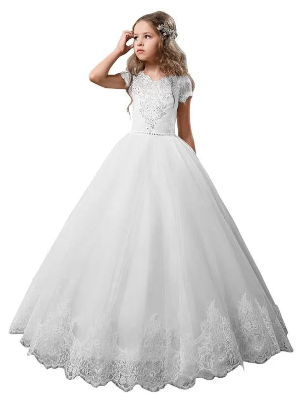 V-Neck Tulle Short Sleeves Flower Girl Dresses Ankle Length Ball Gown Kids Pageant Dresses