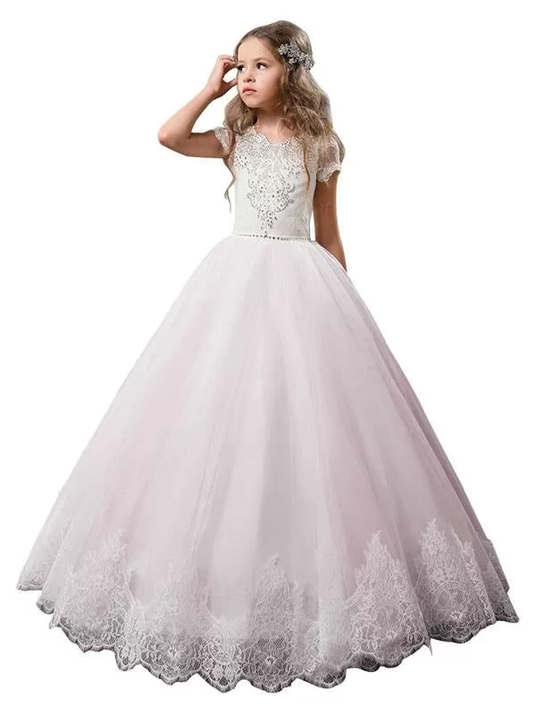 V-Neck Tulle Short Sleeves Flower Girl Dresses Ankle Length Ball Gown Kids Pageant Dresses