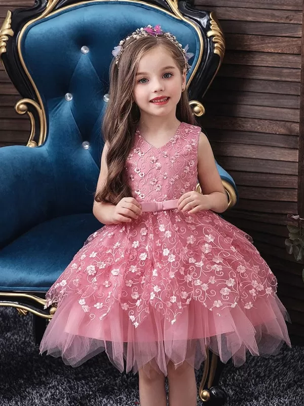 V Neck Tulle Sleeveless Princess Kids Dresses Floral Knee Length Dress for Wedding