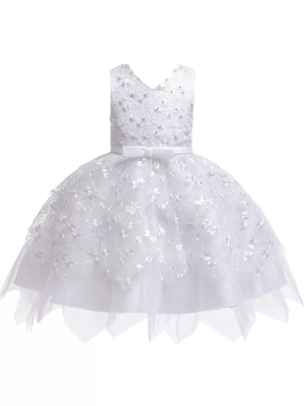 V Neck Tulle Sleeveless Princess Kids Dresses Floral Knee Length Dress for Wedding