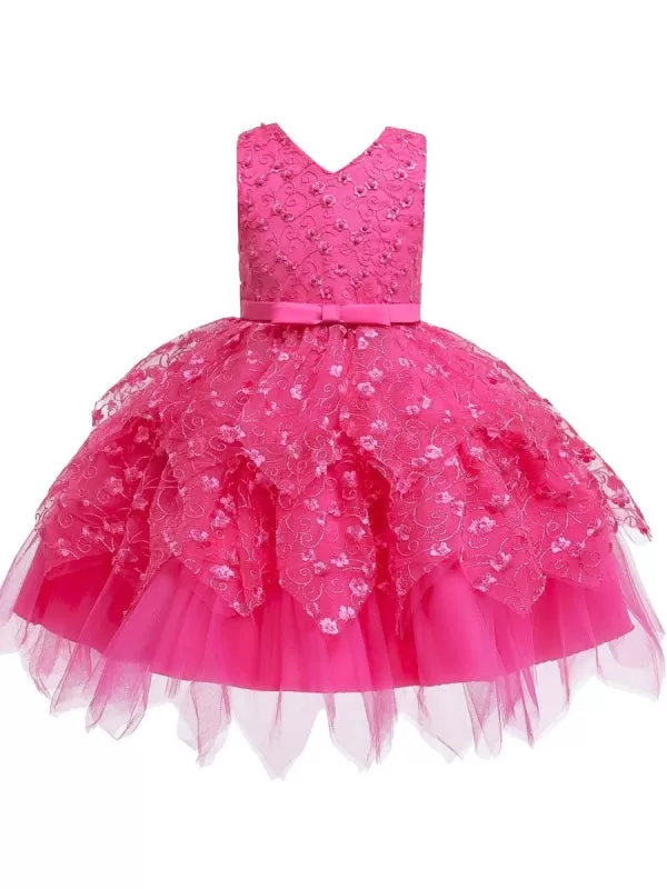 V Neck Tulle Sleeveless Princess Kids Dresses Floral Knee Length Dress for Wedding