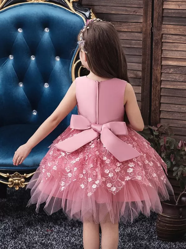 V Neck Tulle Sleeveless Princess Kids Dresses Floral Knee Length Dress for Wedding