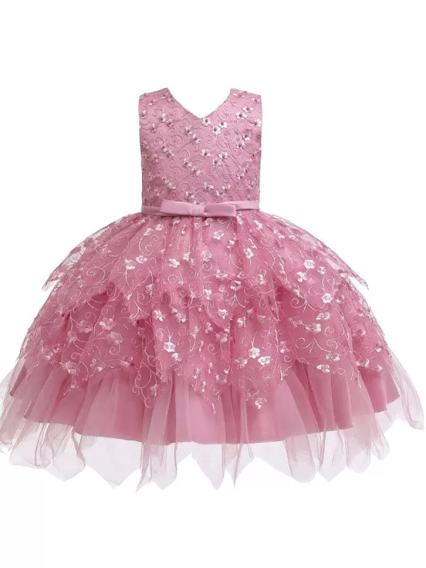 V Neck Tulle Sleeveless Princess Kids Dresses Floral Knee Length Dress for Wedding