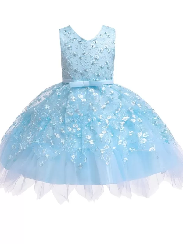 V Neck Tulle Sleeveless Princess Kids Dresses Floral Knee Length Dress for Wedding