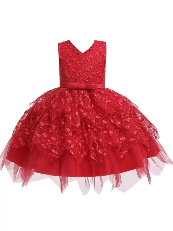 V Neck Tulle Sleeveless Princess Kids Dresses Floral Knee Length Dress for Wedding