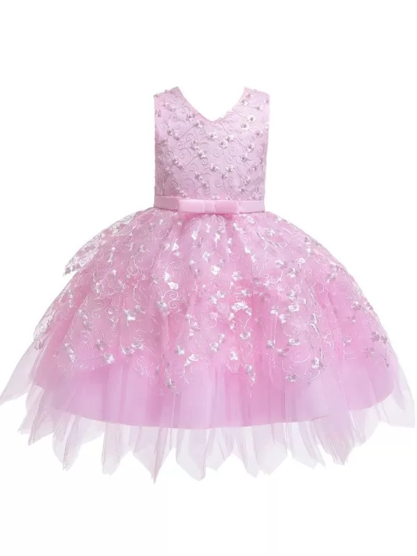 V Neck Tulle Sleeveless Princess Kids Dresses Floral Knee Length Dress for Wedding