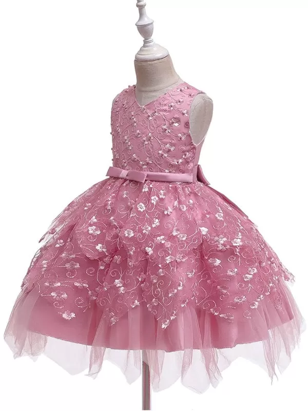 V Neck Tulle Sleeveless Princess Kids Dresses Floral Knee Length Dress for Wedding