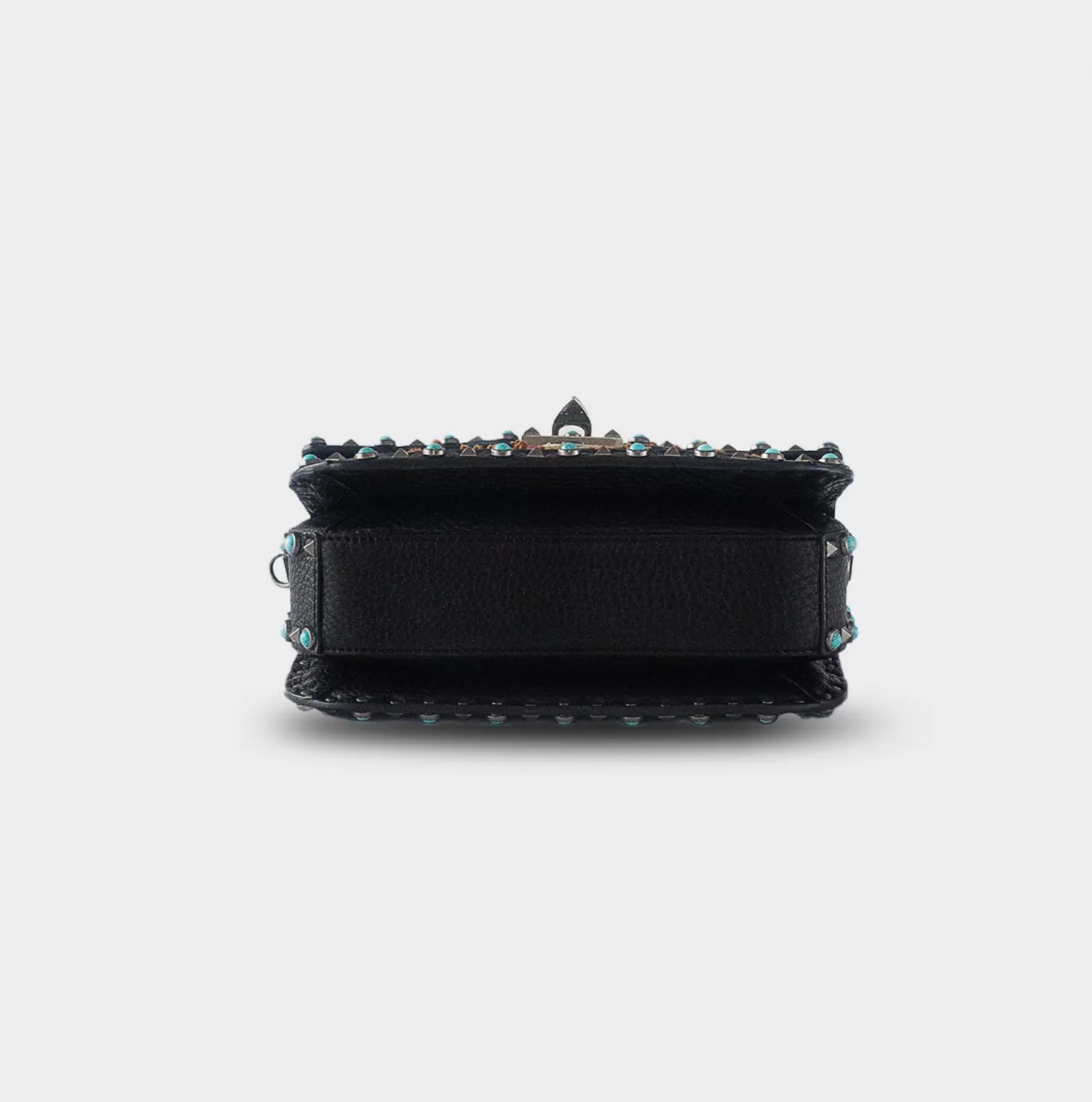 VALENTINO GARAVANI - Calfskin Embroidered Medium Guitar Strap Rockstud Rolling Flap Saddle Bag in Black