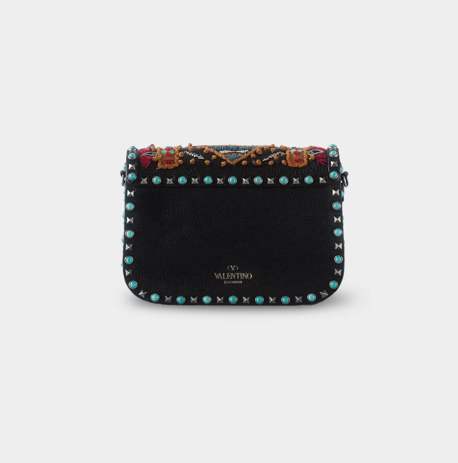 VALENTINO GARAVANI - Calfskin Embroidered Medium Guitar Strap Rockstud Rolling Flap Saddle Bag in Black