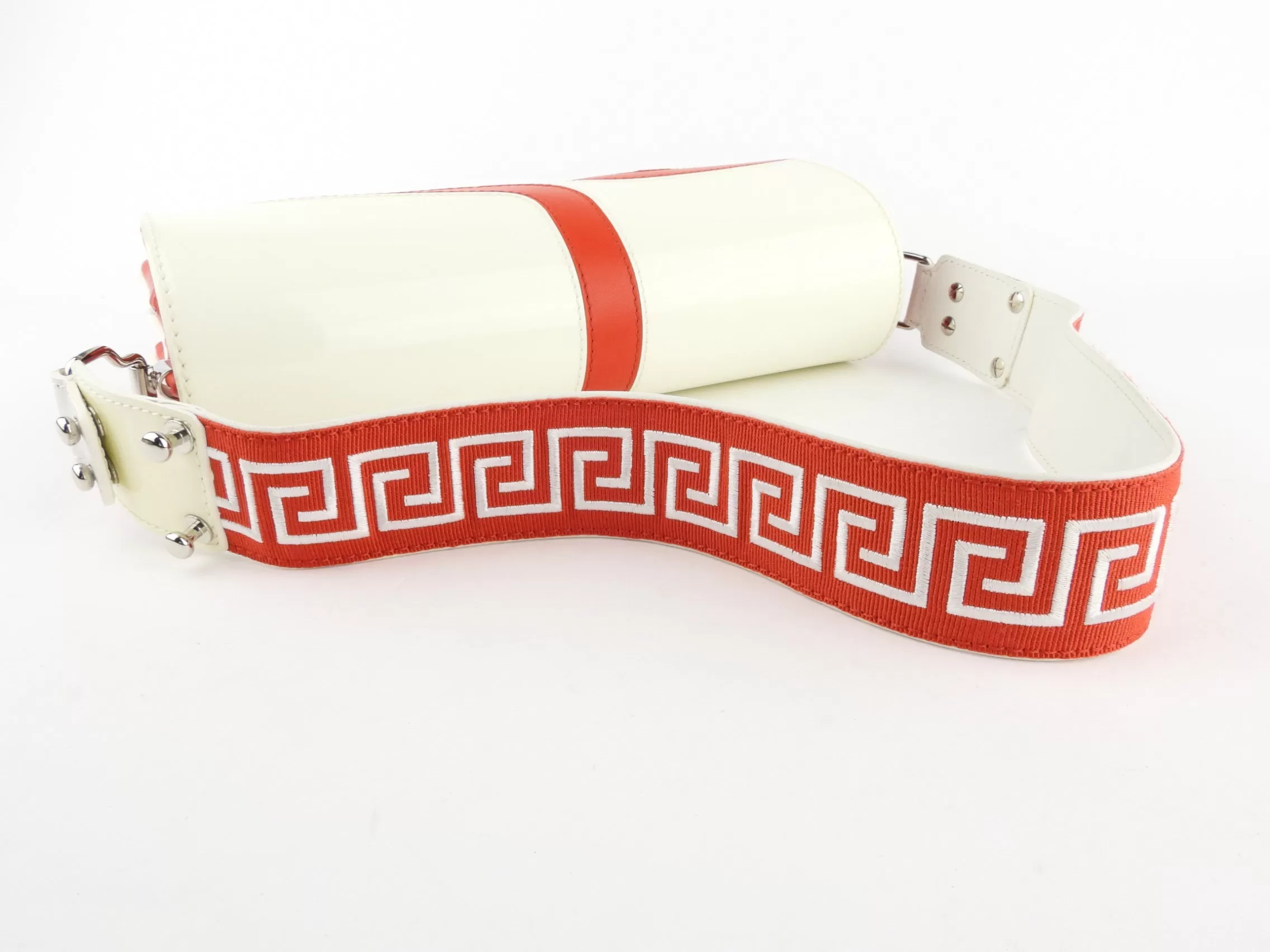 Versace Greek Symbols White Patent and Red Leather Shoulder Flap Bag