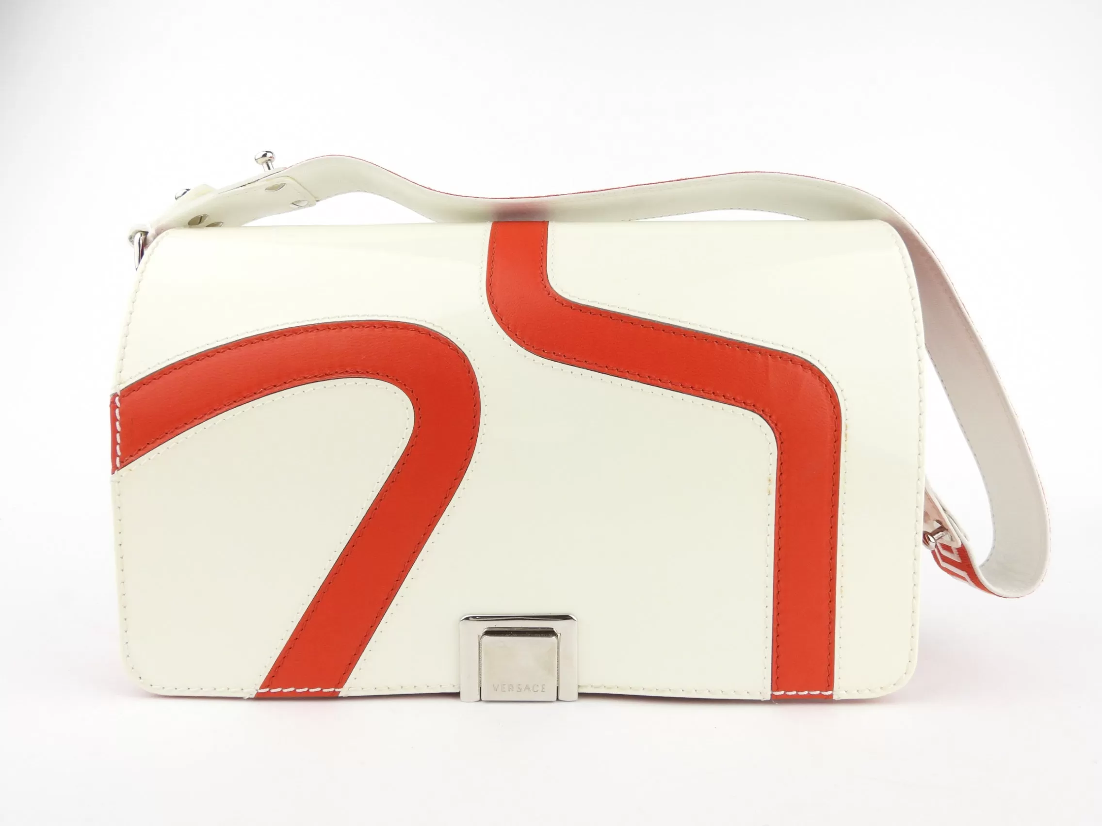 Versace Greek Symbols White Patent and Red Leather Shoulder Flap Bag