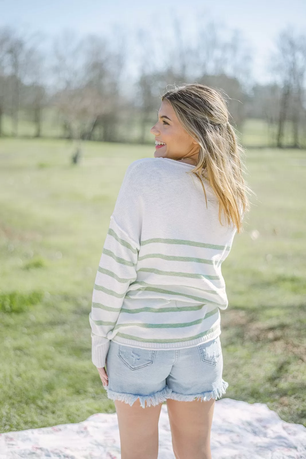 White & Green Striped Summer Sweater