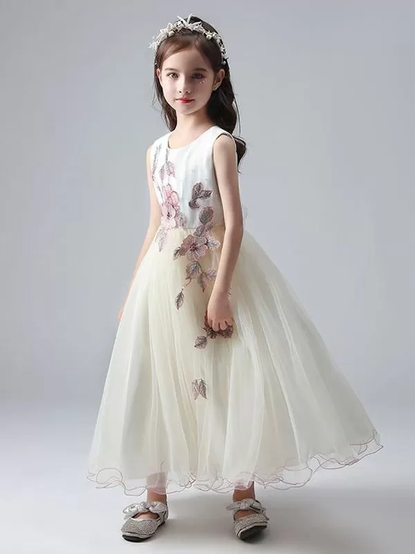 White Ankle-Length Princess Dress Flower Girl Dresses Jewel Neck Sleeveless Tulle Beaded Embroidered Formal Kids Pageant Dresses