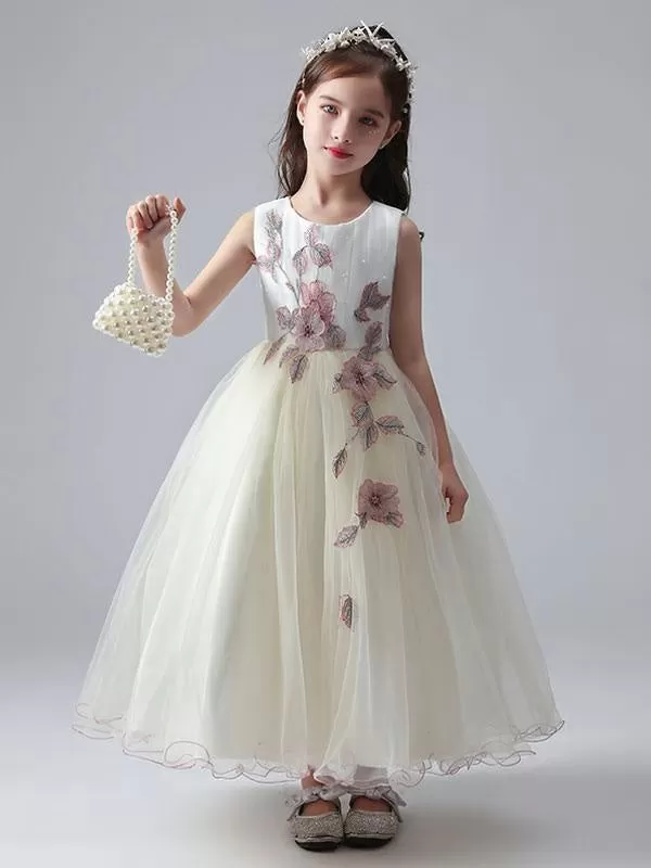 White Ankle-Length Princess Dress Flower Girl Dresses Jewel Neck Sleeveless Tulle Beaded Embroidered Formal Kids Pageant Dresses