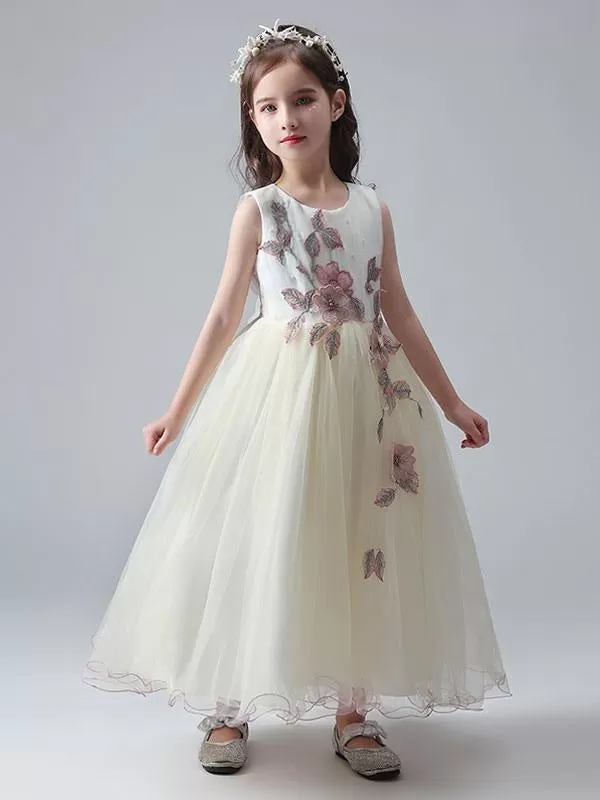 White Ankle-Length Princess Dress Flower Girl Dresses Jewel Neck Sleeveless Tulle Beaded Embroidered Formal Kids Pageant Dresses