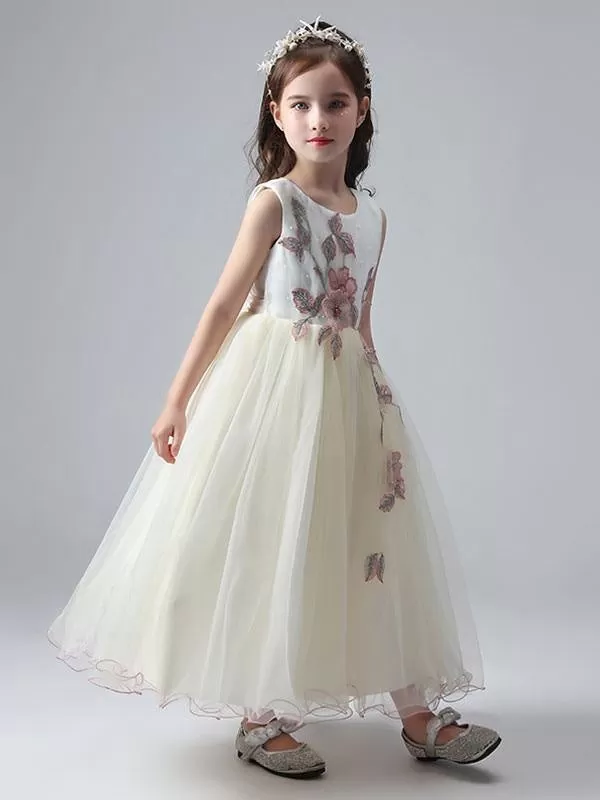 White Ankle-Length Princess Dress Flower Girl Dresses Jewel Neck Sleeveless Tulle Beaded Embroidered Formal Kids Pageant Dresses