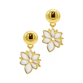 White Mother of Pearl Flower Drop Earrings gold