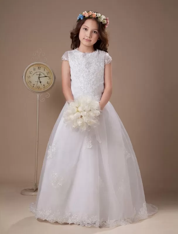 White Satin Organza Flower Girl Dress Short Sleeves Lace Appliques Girl Dress for Wedding