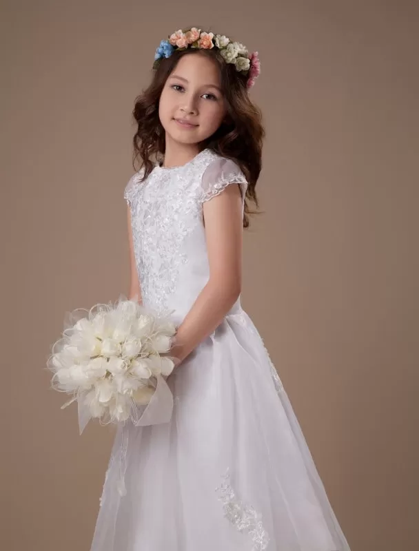 White Satin Organza Flower Girl Dress Short Sleeves Lace Appliques Girl Dress for Wedding