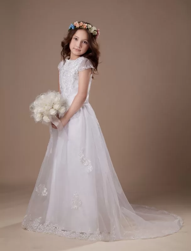 White Satin Organza Flower Girl Dress Short Sleeves Lace Appliques Girl Dress for Wedding