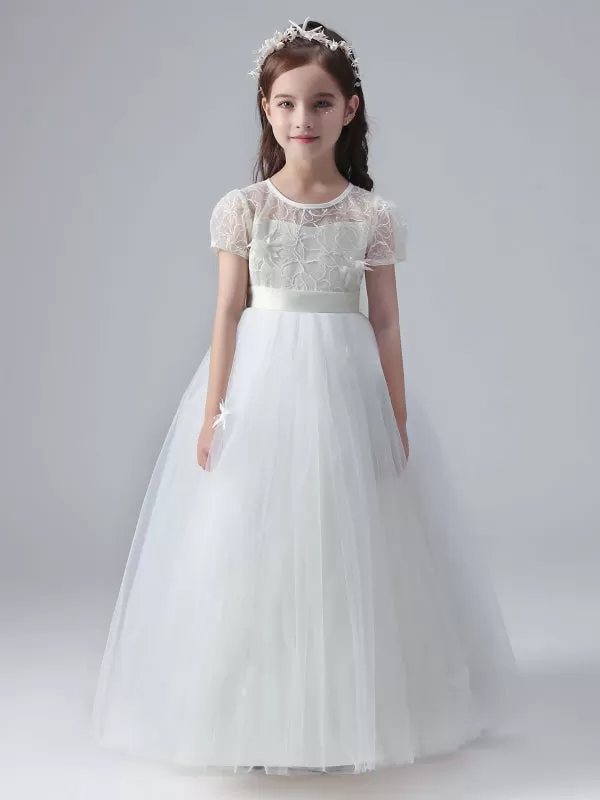 White Short Sleeves Flowers Embellishment Flower Girl Dresses Tulle Lace Kids Party Dresses