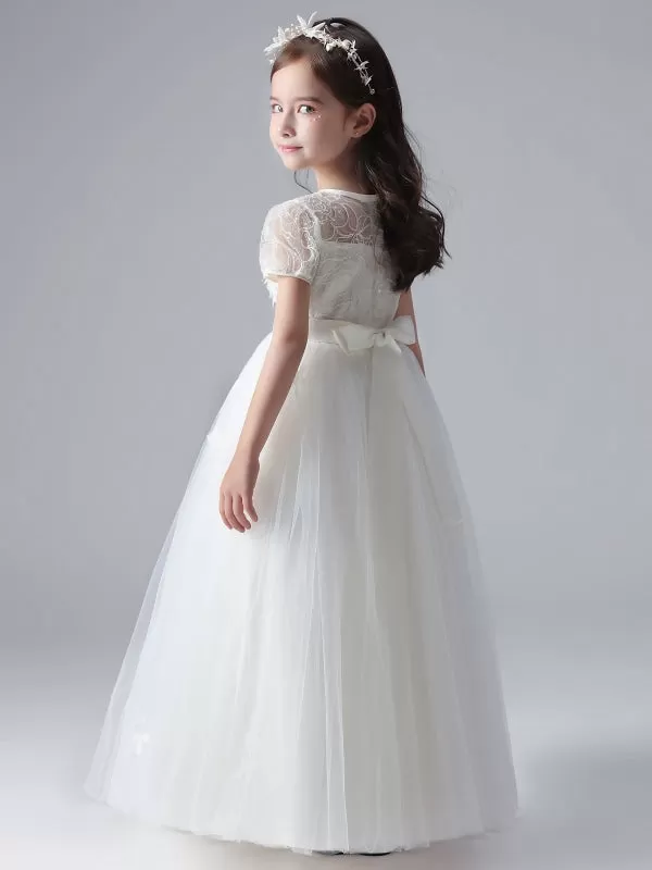 White Short Sleeves Flowers Embellishment Flower Girl Dresses Tulle Lace Kids Party Dresses