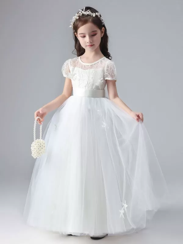 White Short Sleeves Flowers Embellishment Flower Girl Dresses Tulle Lace Kids Party Dresses