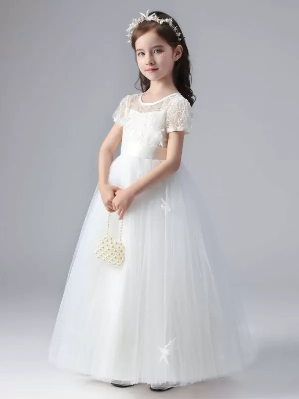 White Short Sleeves Flowers Embellishment Flower Girl Dresses Tulle Lace Kids Party Dresses