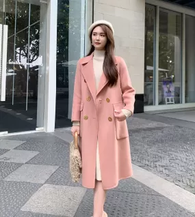 Women's Double-faced cashmere coat pink double-breasted loose Overcoat woolen coat,Winter Wool Blend Coat,Fall Woolen Long Coat outerwear