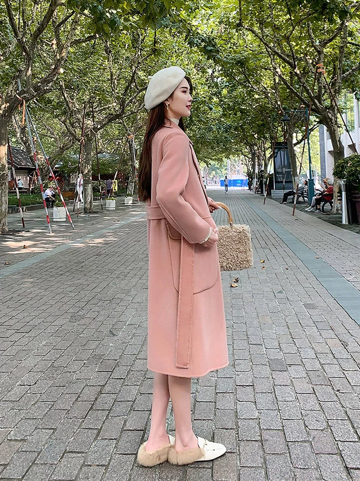 Women's Double-faced cashmere coat pink double-breasted loose Overcoat woolen coat,Winter Wool Blend Coat,Fall Woolen Long Coat outerwear