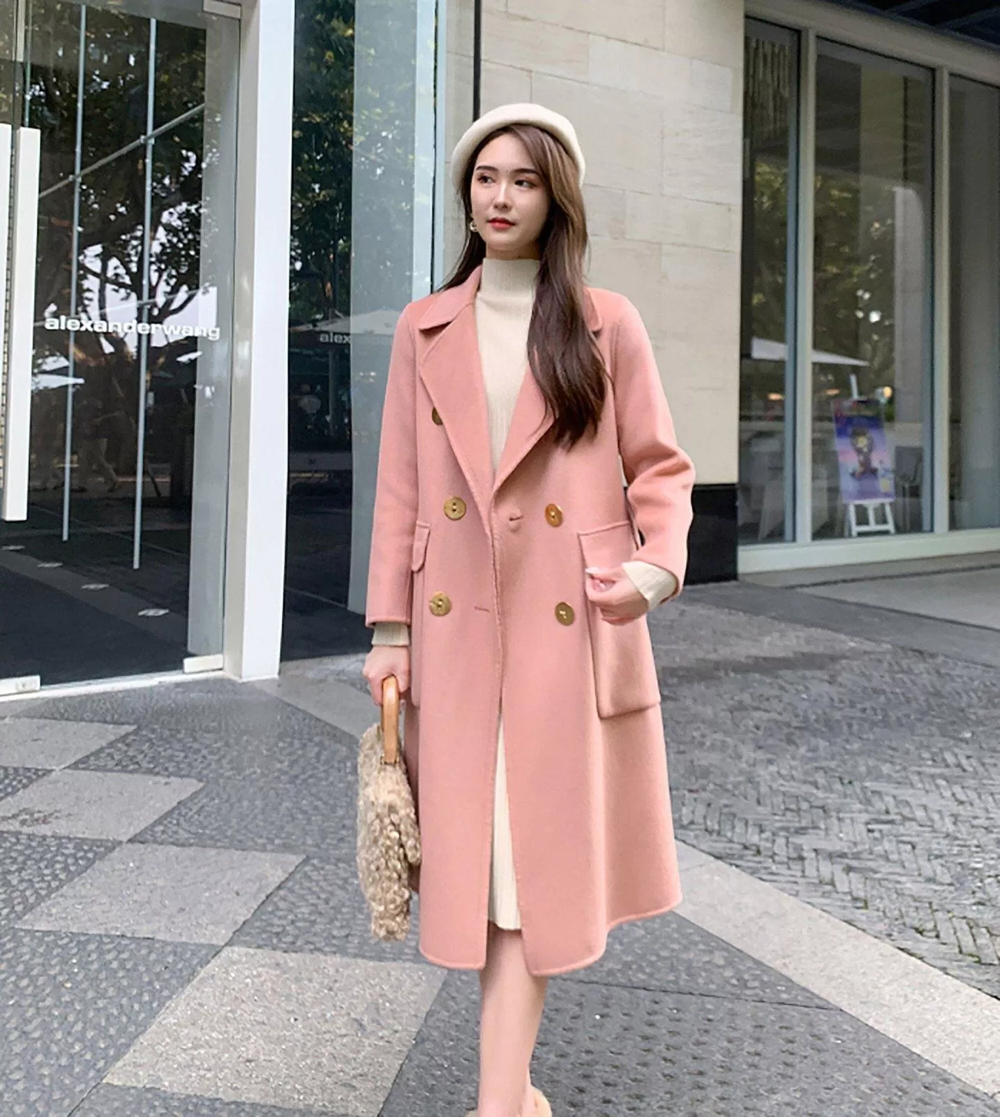 Women's Double-faced cashmere coat pink double-breasted loose Overcoat woolen coat,Winter Wool Blend Coat,Fall Woolen Long Coat outerwear