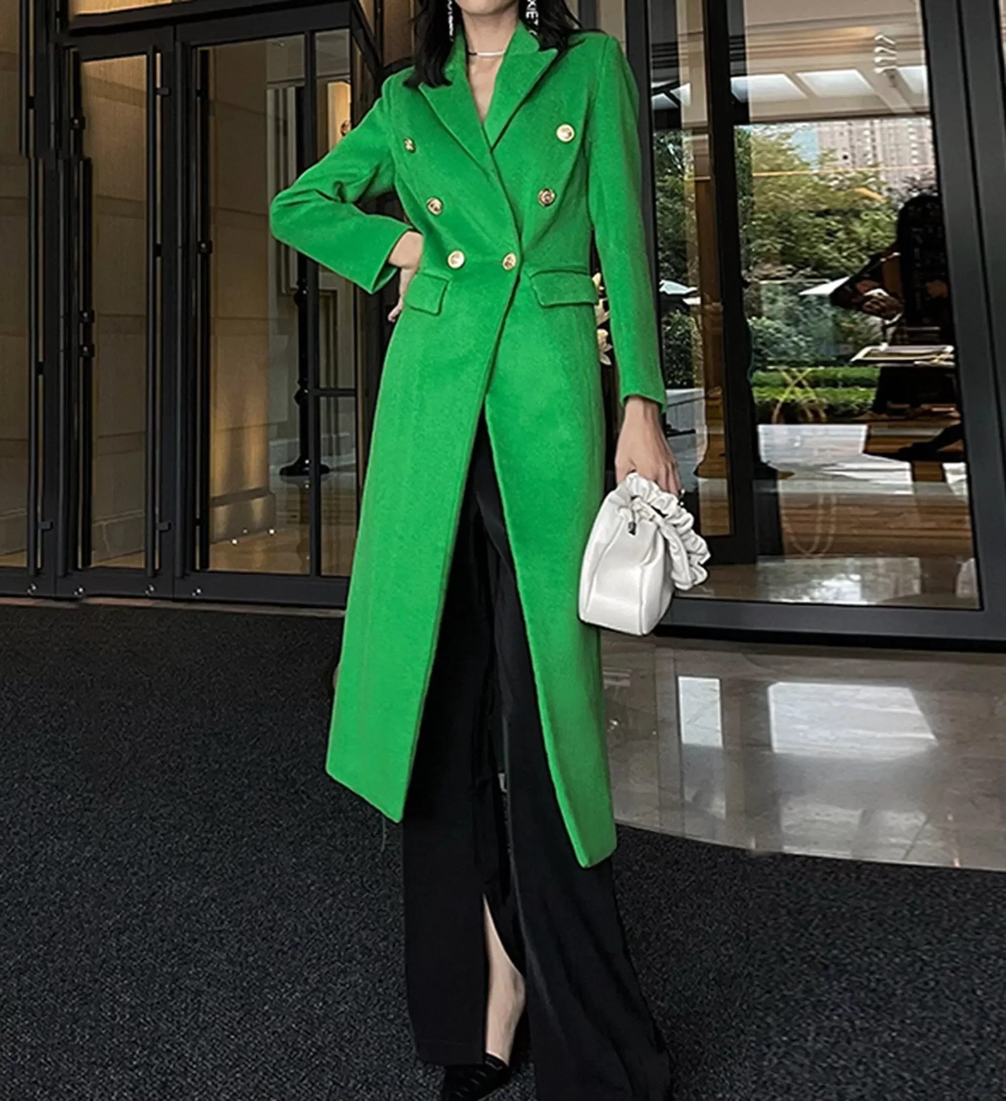 Women's long woolen coat,Green wool Long coat,Double Breasted Wool Blend Coat,Fall Winter Coat for women Wool Overcoat Trench Outerwear