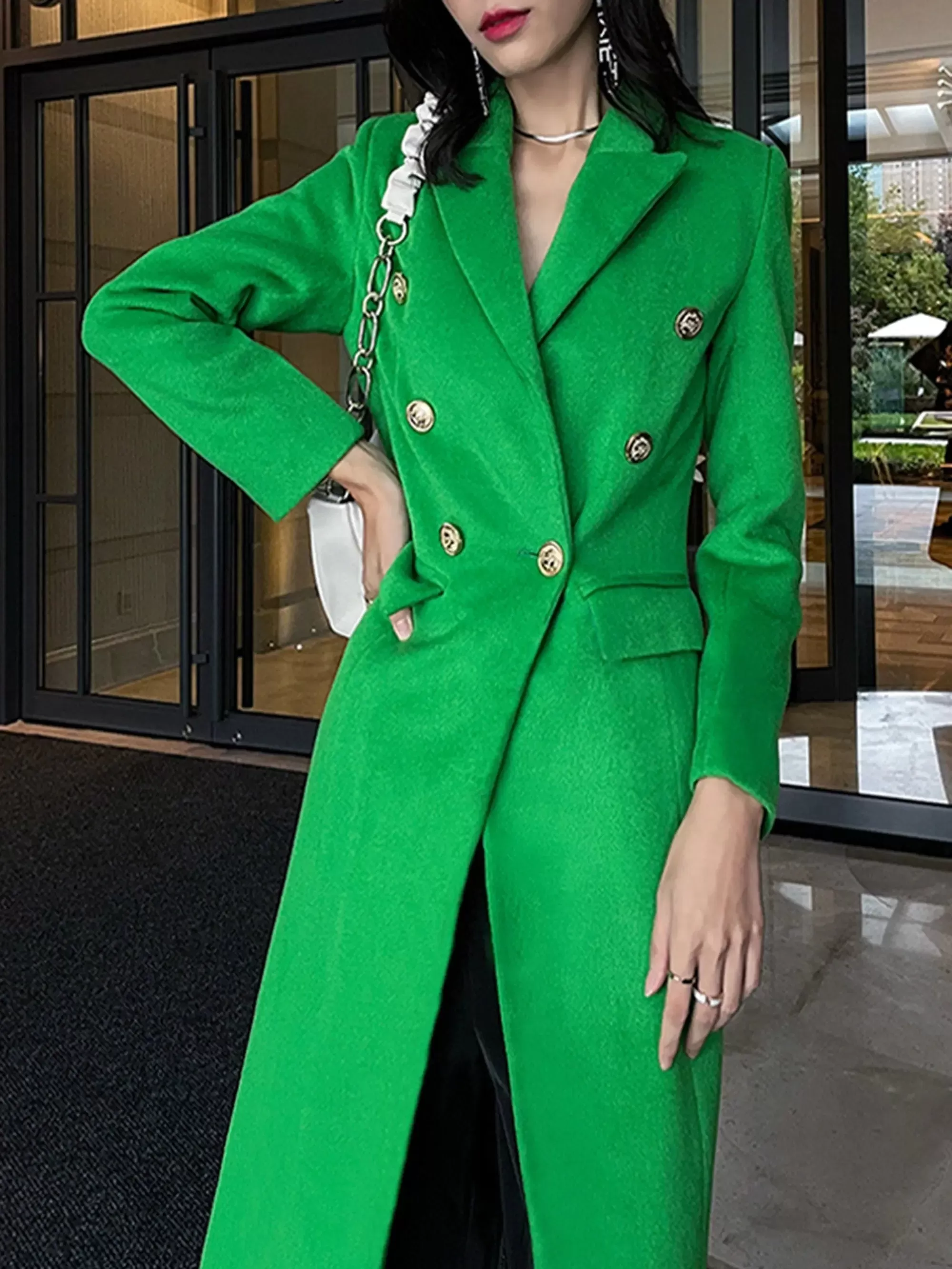 Women's long woolen coat,Green wool Long coat,Double Breasted Wool Blend Coat,Fall Winter Coat for women Wool Overcoat Trench Outerwear