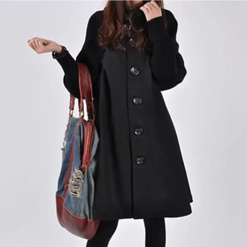 Woolen Coat Winter Cloak Knit Long-sleeved High O-neck Trench Coat Female Spring Autumn Women's Single-breasted Windbreaker B-27354