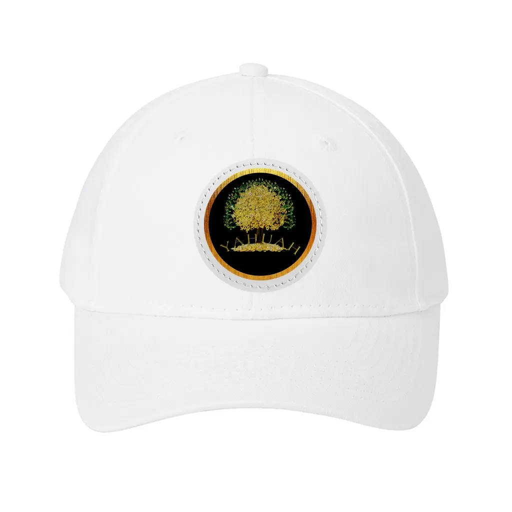 Yahuah-Tree of Life 03-01 Designer Six Panel Twill Baseball Cap with Round Leather Patch (8 hat colors; black/white patch colors)