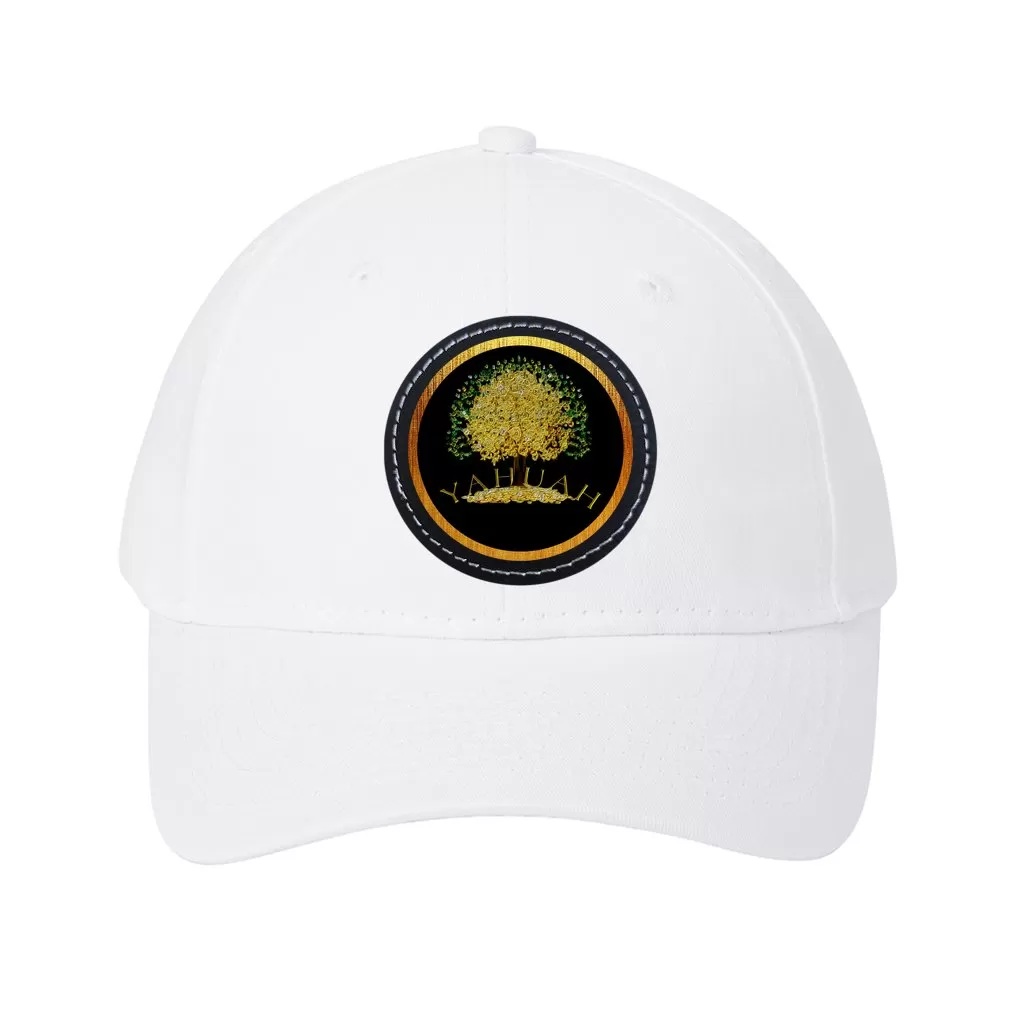 Yahuah-Tree of Life 03-01 Designer Six Panel Twill Baseball Cap with Round Leather Patch (8 hat colors; black/white patch colors)