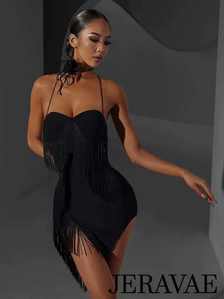 ZYM Dance Style Black Latin Practice Dress with Layered Fringe, Asymmetrical Hem, and Open Back PRA 1028 in Stock